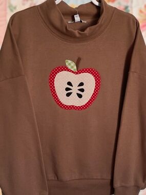 Half Apple Patchwork Embroidered Large Mock Neck Sweatshirt